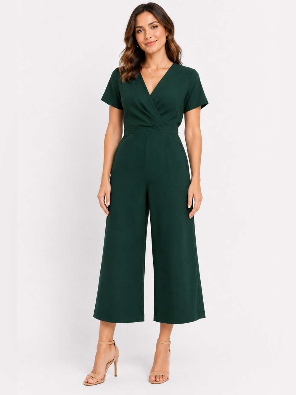 Lush Emerald Green Surplice Wide Leg Cropped Jumpsuit Medium
